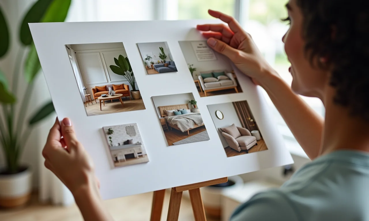 Pessoa criando mood board simples com fotos e tecidos.