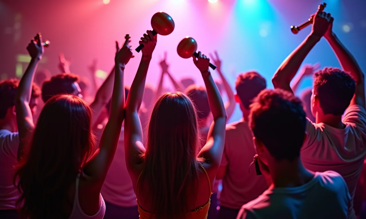 Pessoas agitando maracas e apitos em pista de dança.