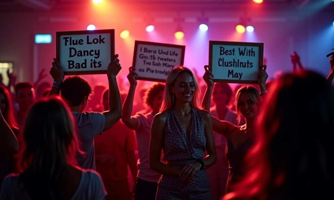 Pessoas segurando plaquinhas com frases engraçadas em festa.