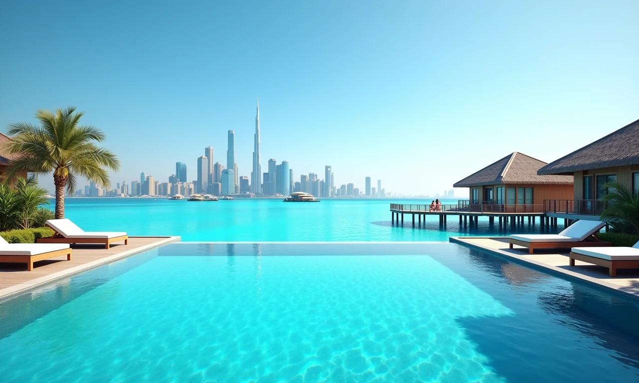 Piscina luxuosa em Dubai com vista para bangalôs nas Maldivas.