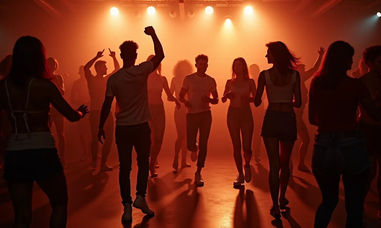 Pista de dança bem iluminada com pessoas dançando e se divertindo.