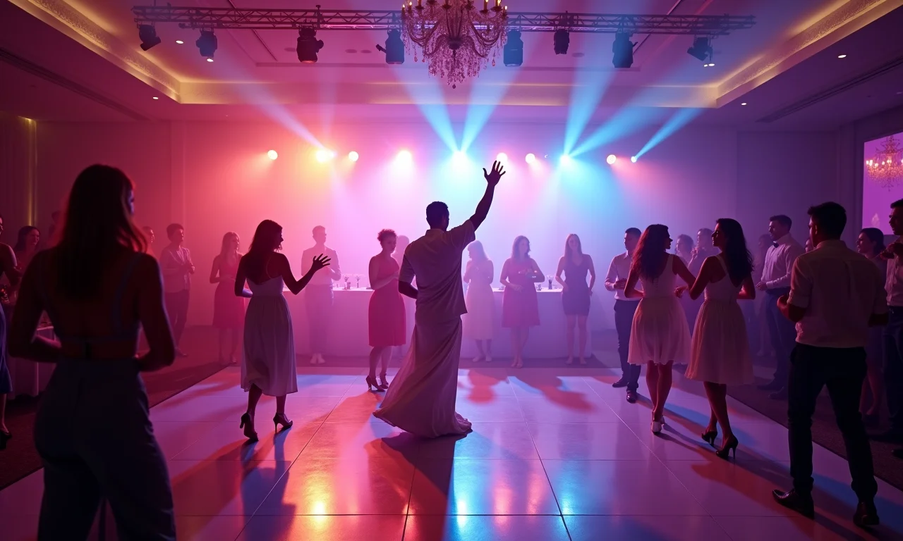 Pista de dança de casamento iluminada com canhões de luz coloridos.