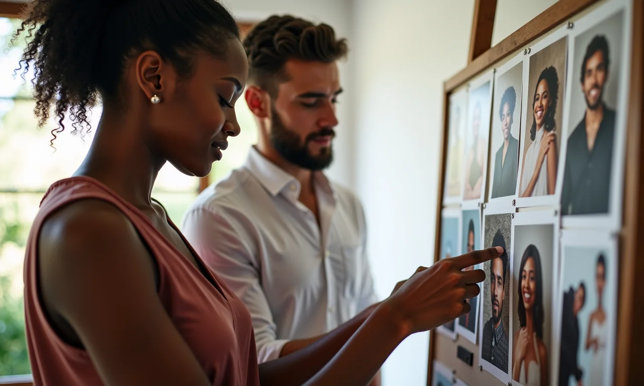 Planejador de casamento auxiliando casal com painel de humor (mood board) para decoração.