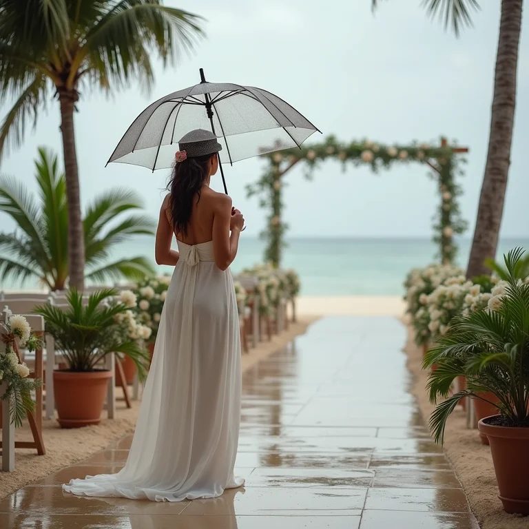 Planejadora de casamento segurando um guarda-chuva enquanto dirige a decoração durante uma chuva leve.