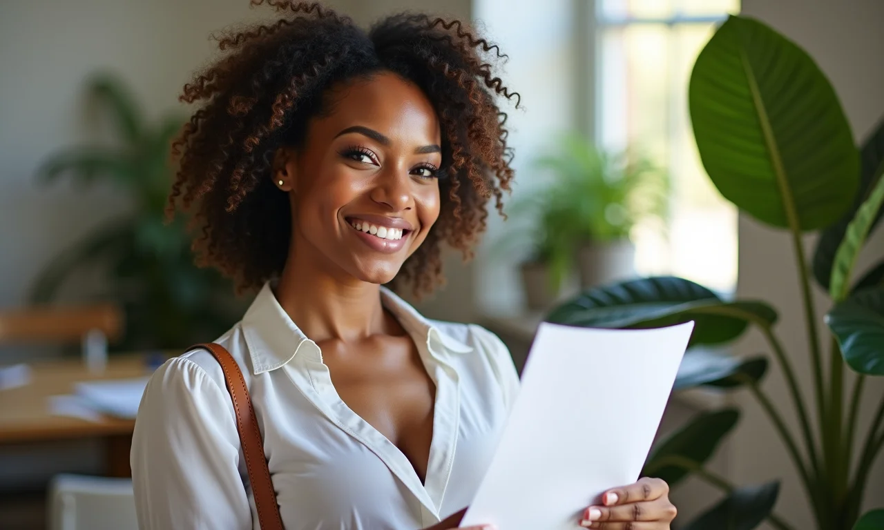Planejadora de casamento sorrindo com check-list bem estruturado.