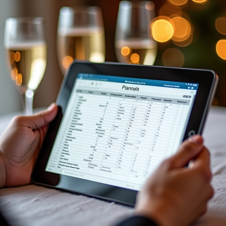 Planilha de planejamento do brinde de casamento em um tablet.