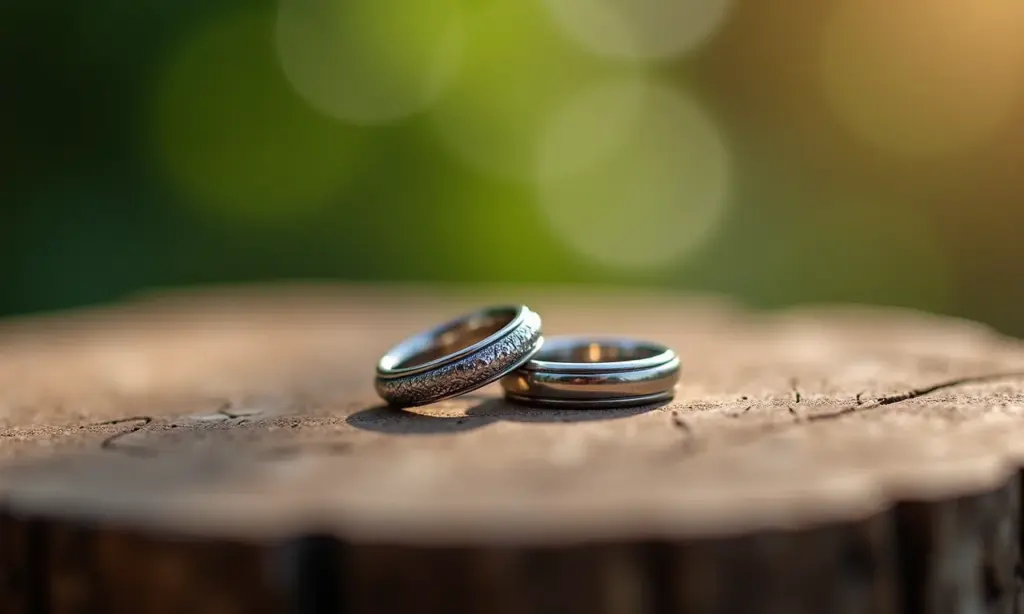 Porta-alianças rústico de madeira com alianças em close-up.