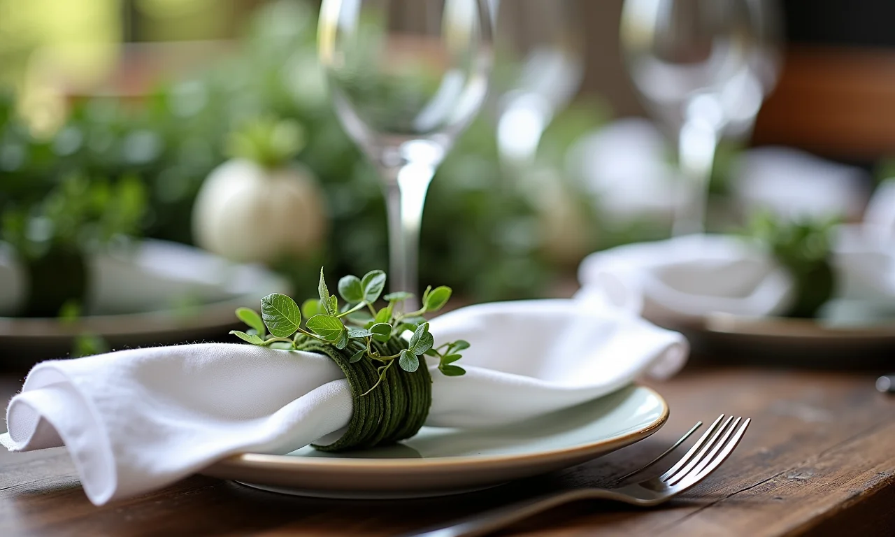 Porta-guardanapos com folhagens e ervas aromáticas.