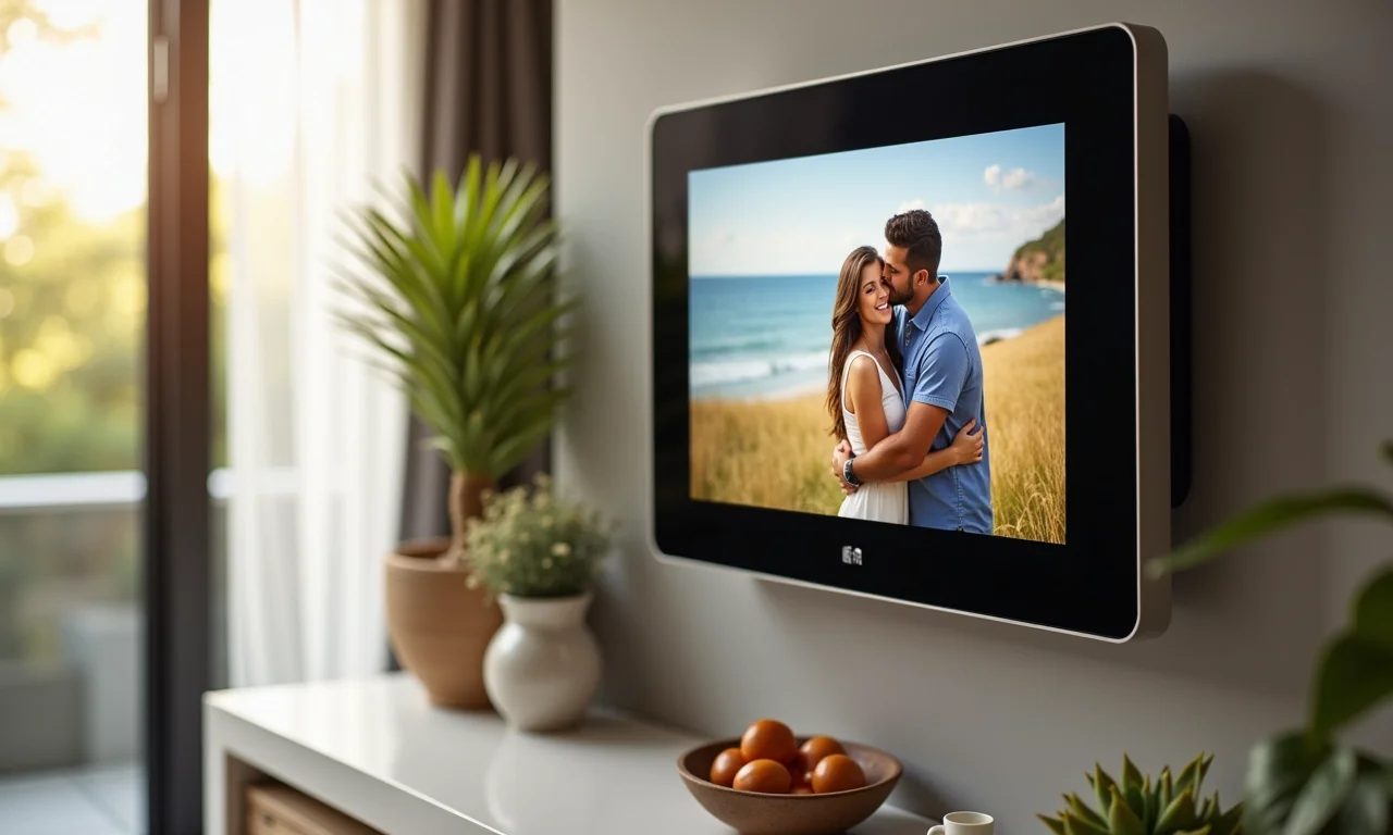 Porta-retratos digital personalizado exibindo fotos do casal.