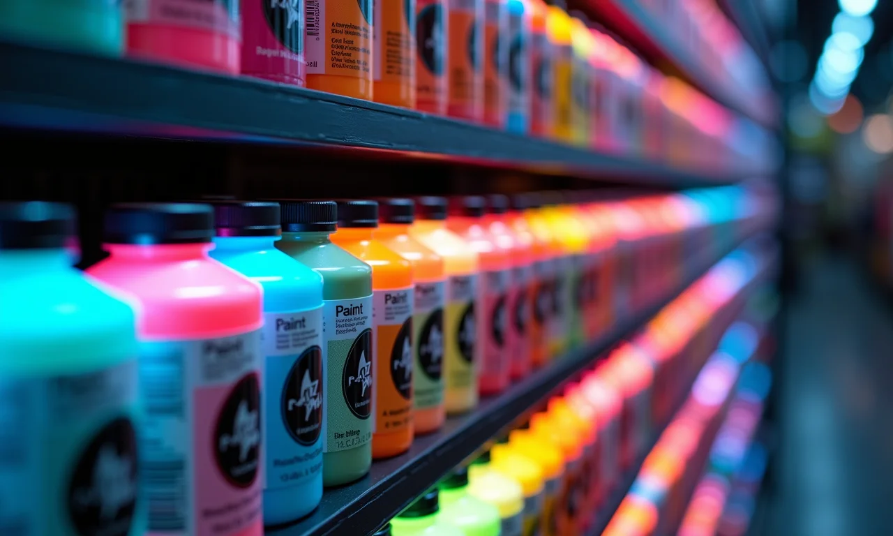 Prateleira com tintas fluorescentes de qualidade.