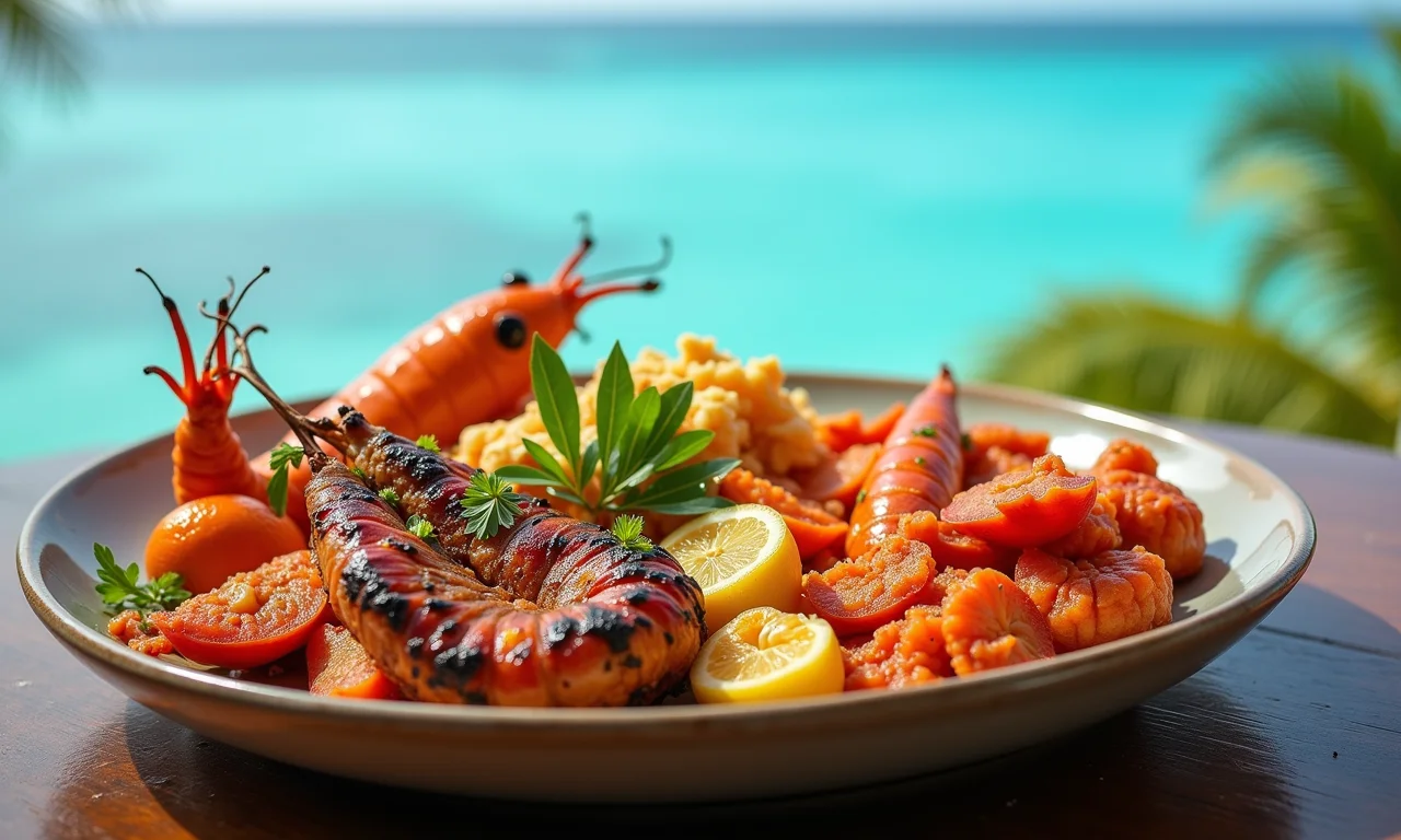 Pratos exóticos árabes e frutos do mar maldivianos.