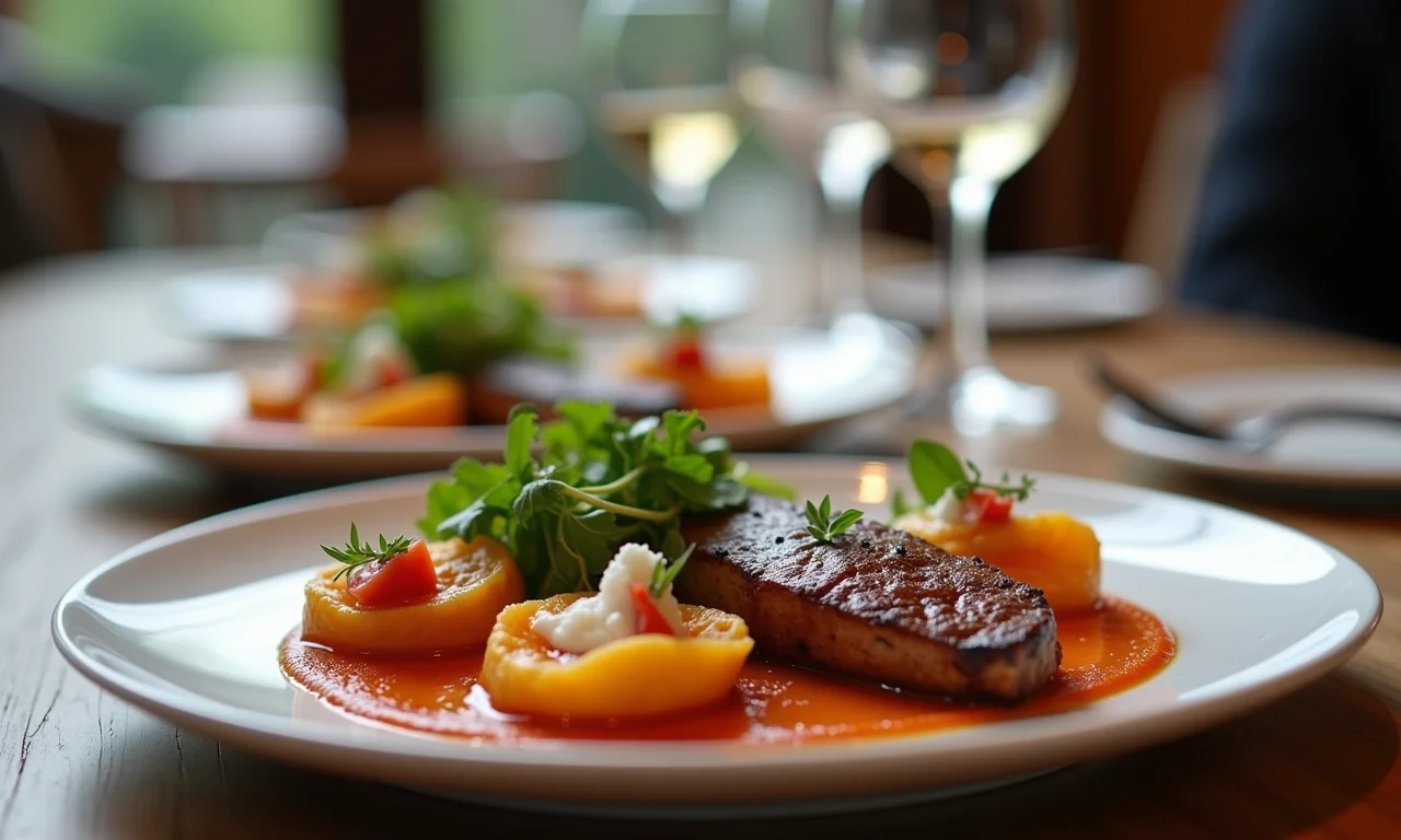 Pratos gourmet servidos em casamento em restaurante.