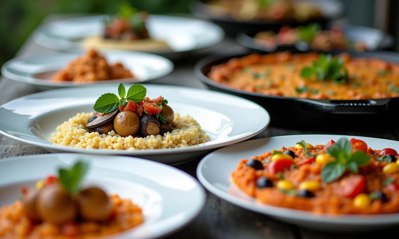 Pratos principais vegetarianos em um buffet de casamento: risoto de cogumelos, lasanha de berinjela e paella de legumes.