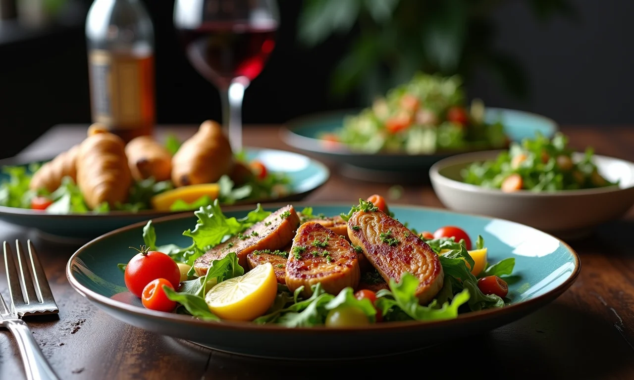 Pratos vegetarianos sofisticados dispostos em uma mesa com elementos de alta gastronomia.