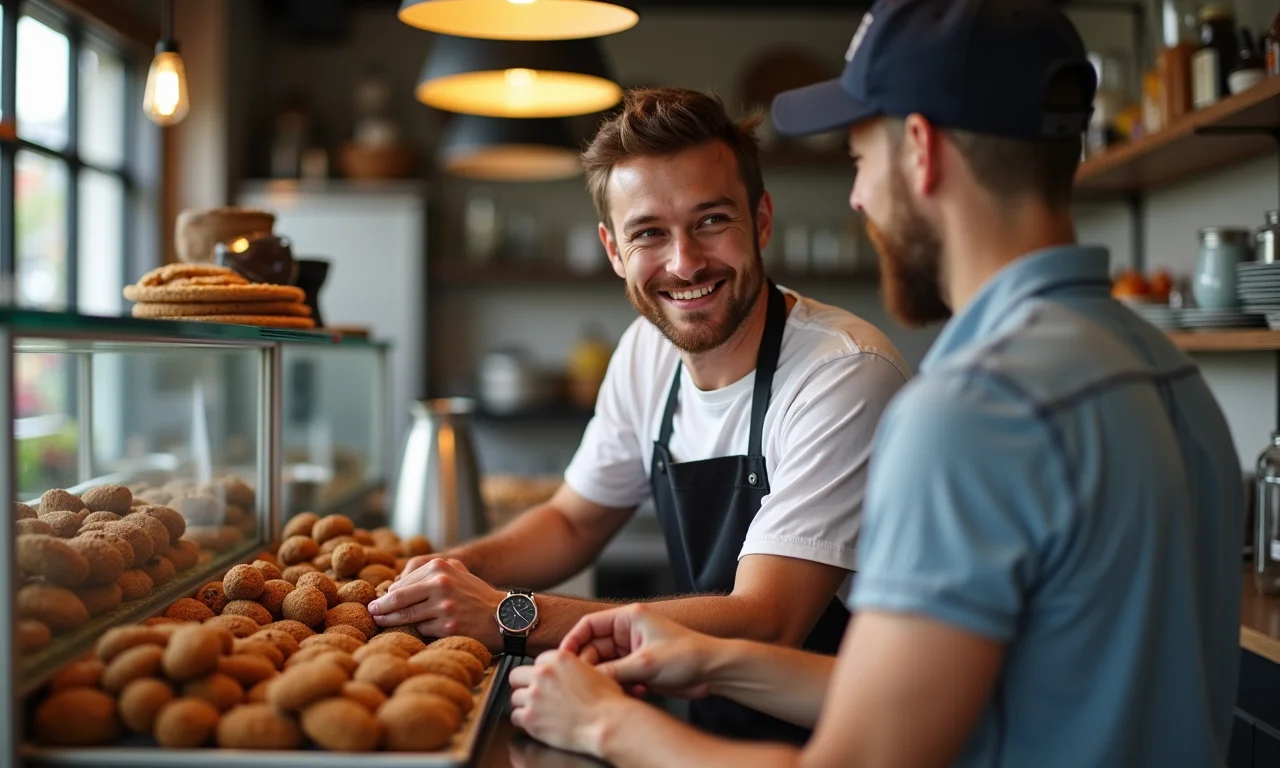Profissional operando carrinho de brigadeiro, servindo convidado.