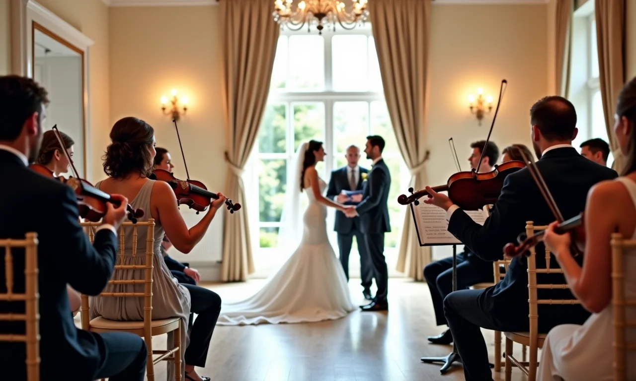 Quarteto de cordas tocando em cerimônia de casamento elegante.