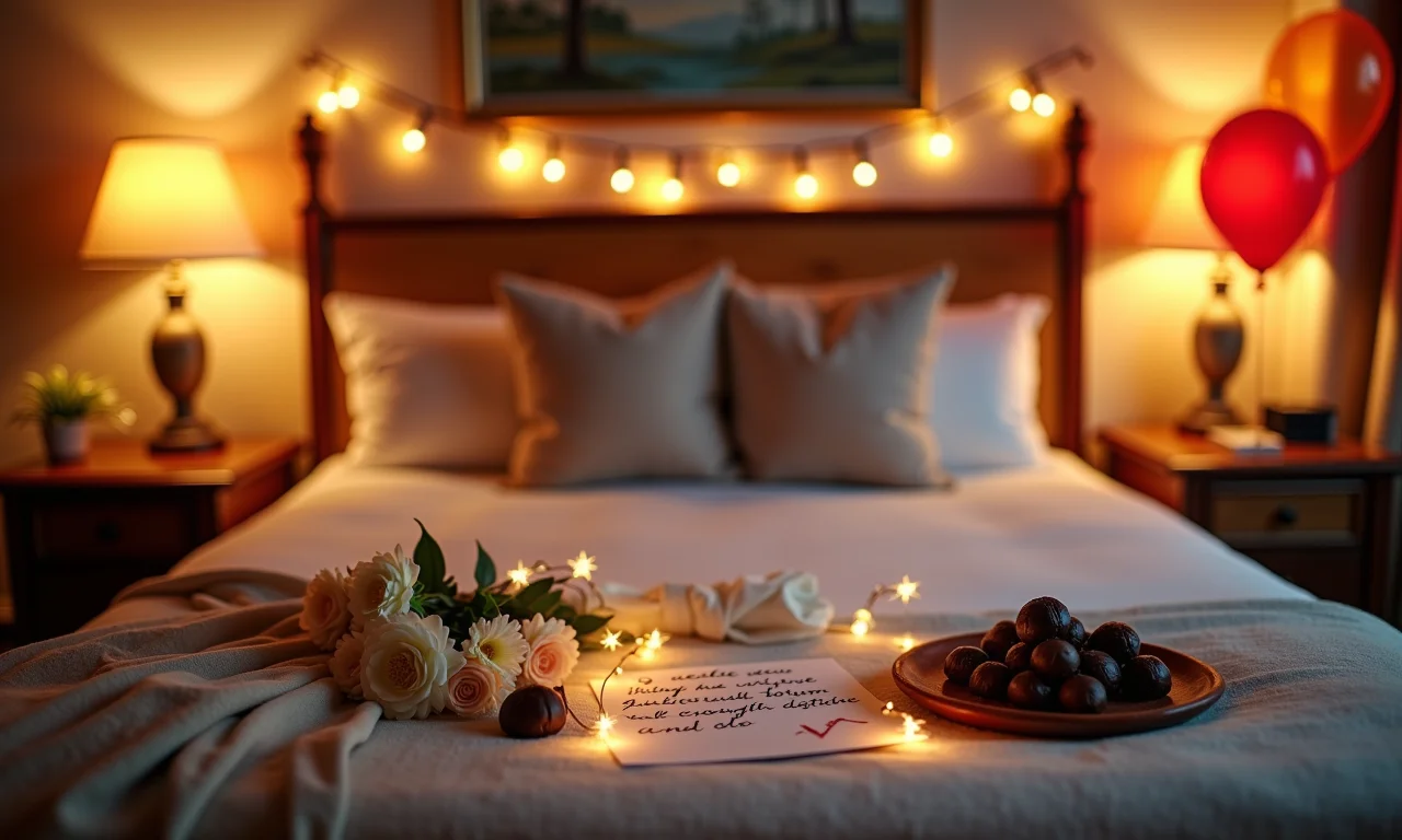 Quarto de hotel decorado romanticamente com luzes, balões e flores.