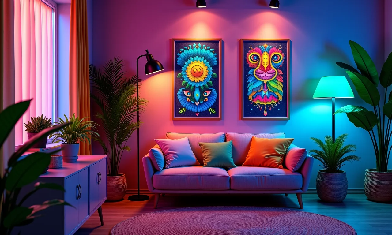 Quarto decorado com cores neon vibrantes sob luz negra.