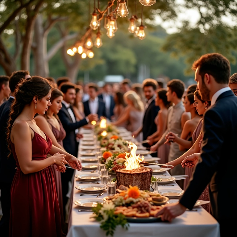Recepção de casamento ao ar livre com estação de churrasco.