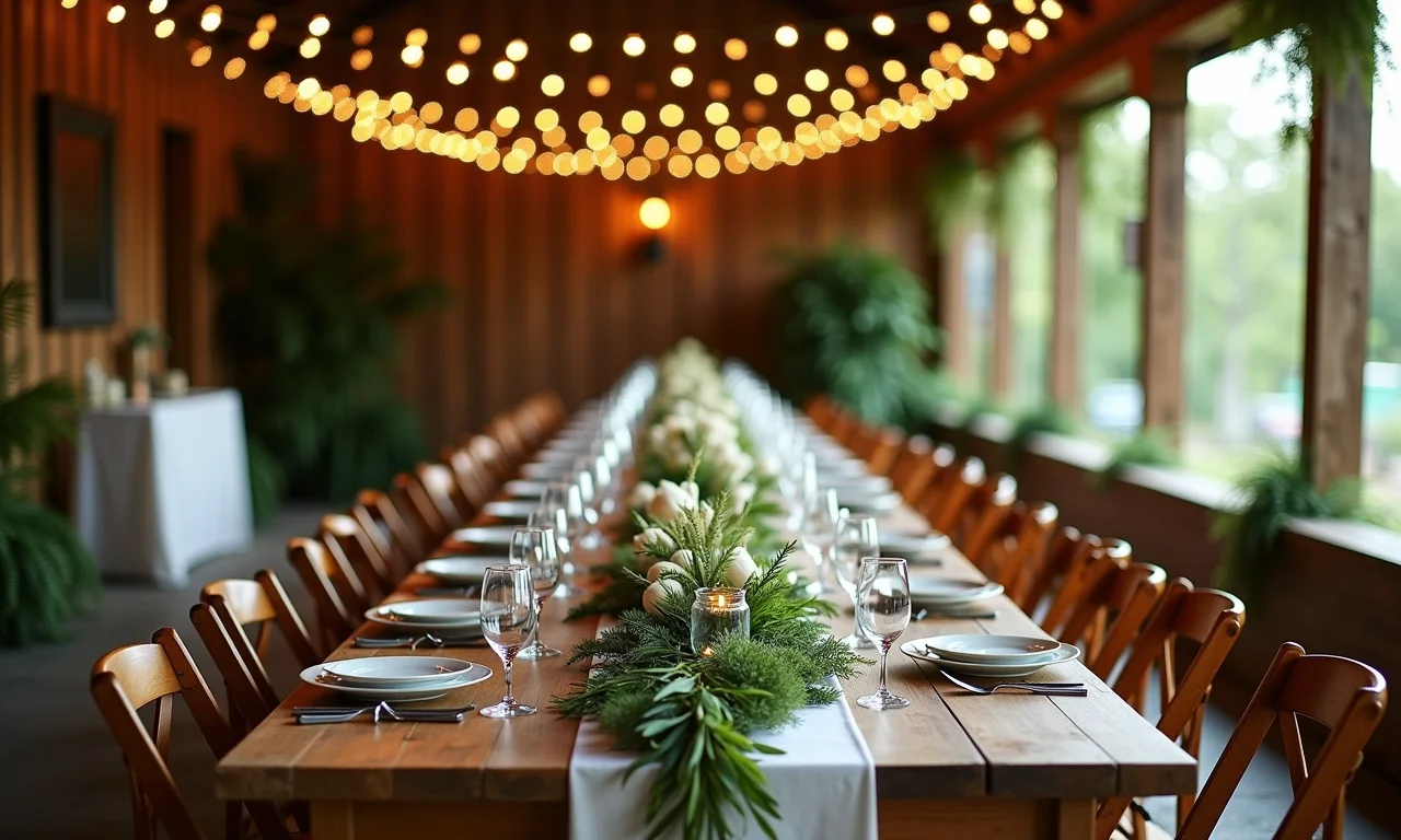 Recepção de casamento boho chic com decoração elegante.