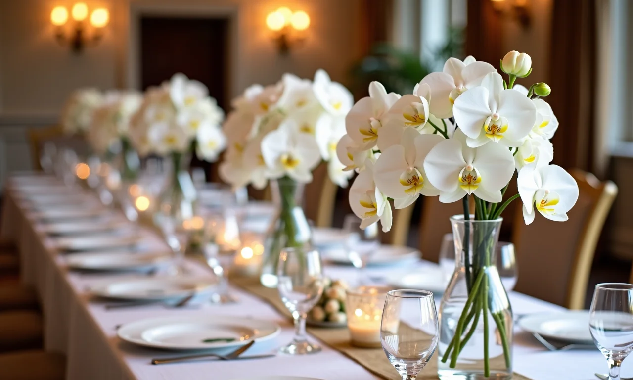 Recepção de casamento com centros de mesa de orquídeas.