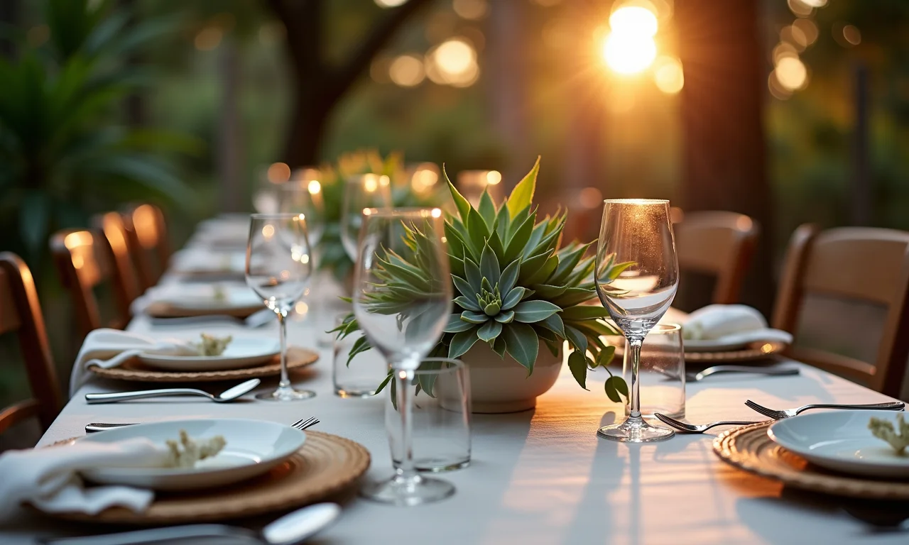 Recepção de casamento com centros de mesa de suculentas.