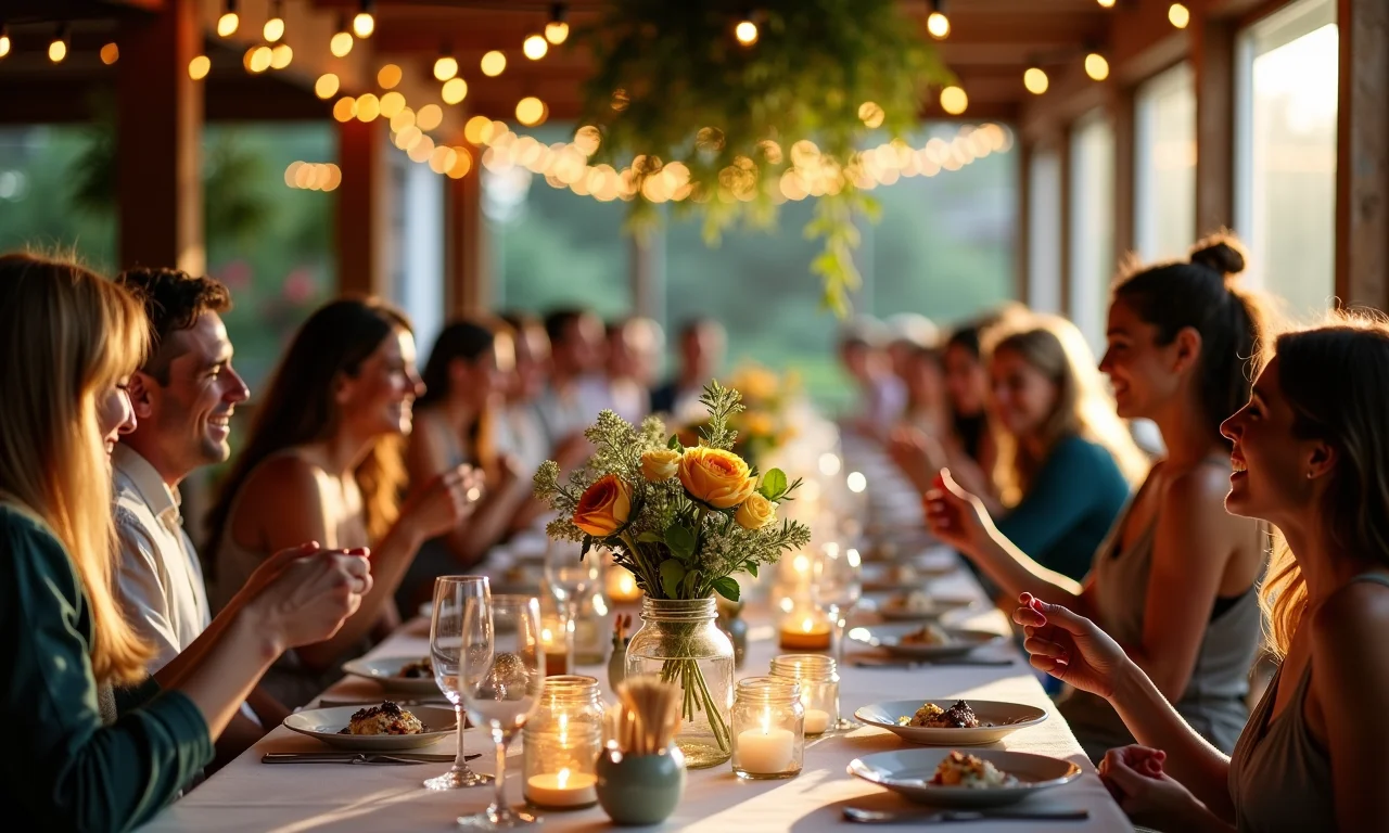 Recepção de casamento decorada com materiais upcycled, como garrafas de vidro reutilizadas como vasos e iluminação aconchegante.