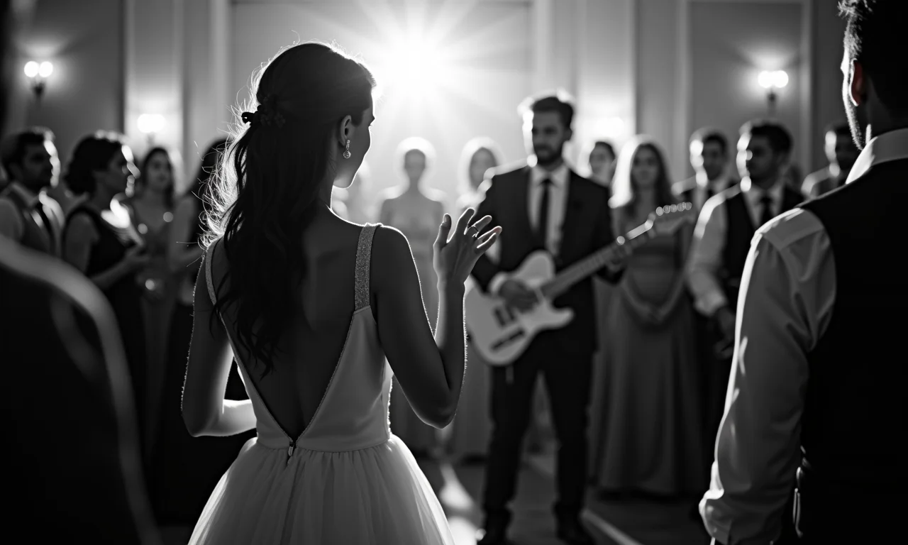 Recepção de casamento em preto e branco com banda tocando música animada e convidados dançando.