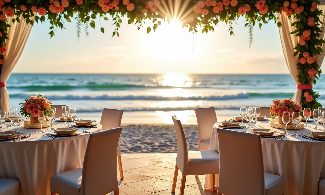 Recepção de casamento na praia com vista para o mar, mesas decoradas com flores.