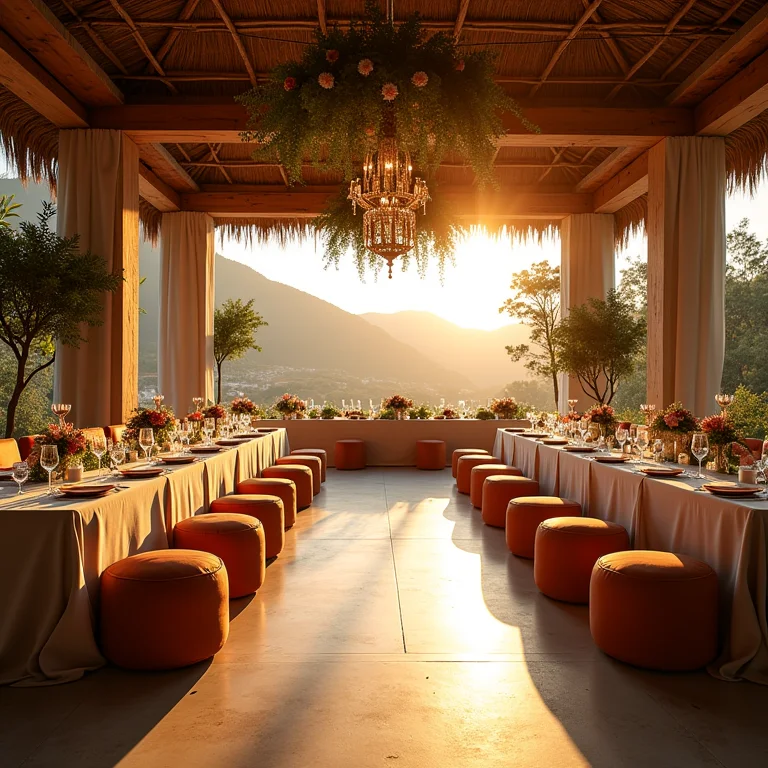 Recepção de casamento versátil com pufes e bistrôs dividindo os espaços