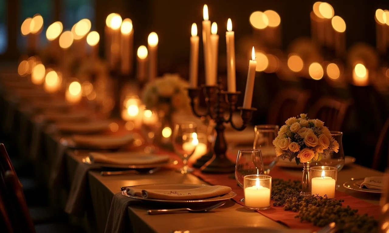 Recepção de casamento vintage à luz de velas com candelabros antigos.
