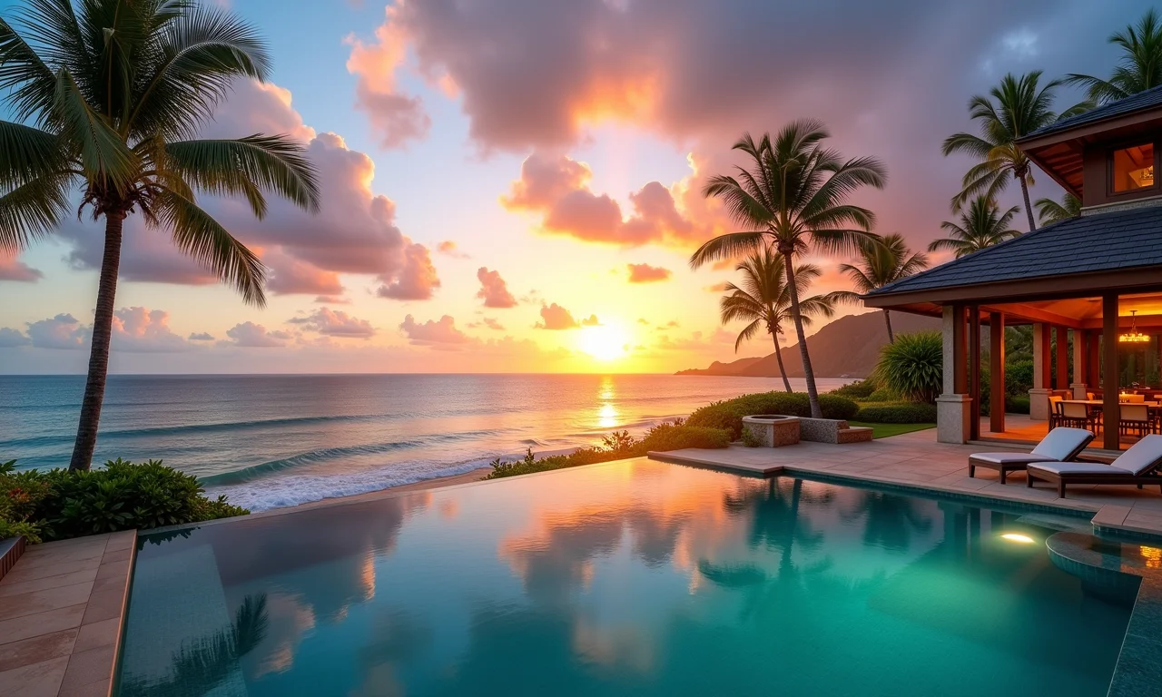 Resort de luxo com vista para o mar no Havaí ao pôr do sol.