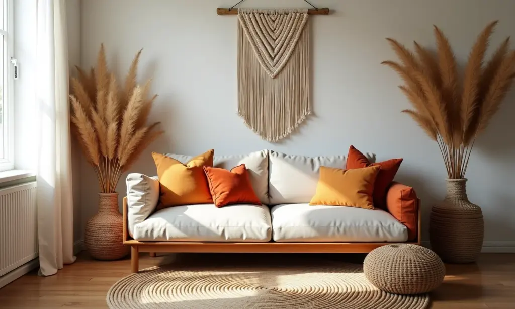 Sala de estar boho chic com tapete de tear, macramê e tons terrosos.