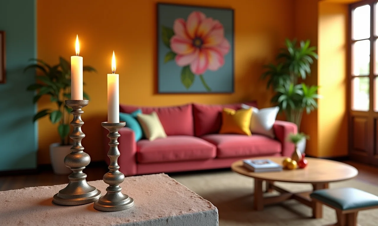 Sala de estar com castiçais na lareira e elementos de design brasileiro.