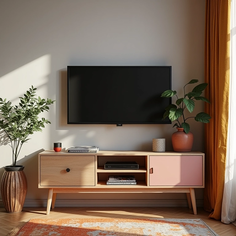 Sala de estar com mesa lateral que não combina com o rack da TV.