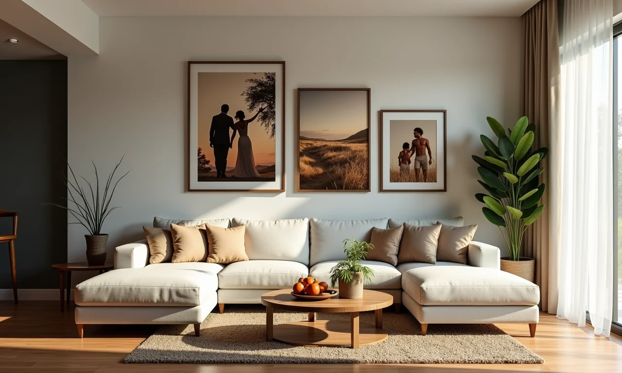 Sala de estar com quadros temáticos de fotos do casal.