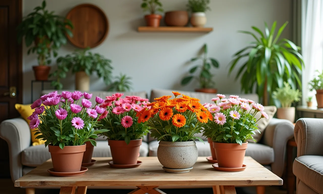 Sala de estar decorada com flores plantadas em vasos.