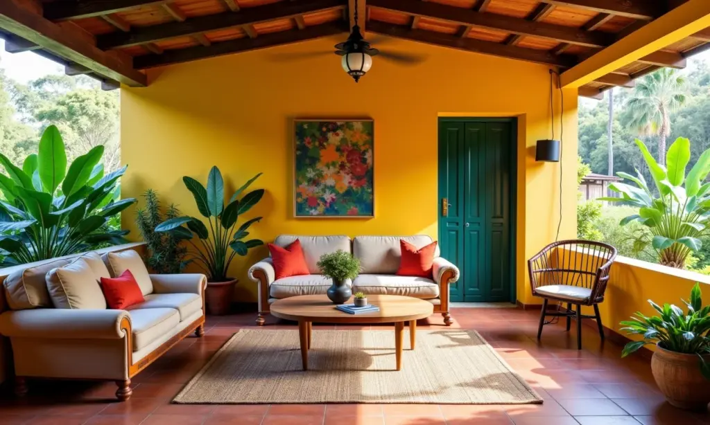 Sala de estar decorada com móveis e objetos upcycled em estilo Farm Rio, com cores vibrantes e artesanato brasileiro.