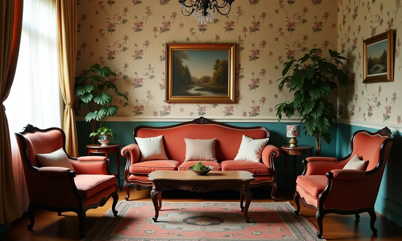 Sala de estar vintage com sofá antigo e poltronas retrô.