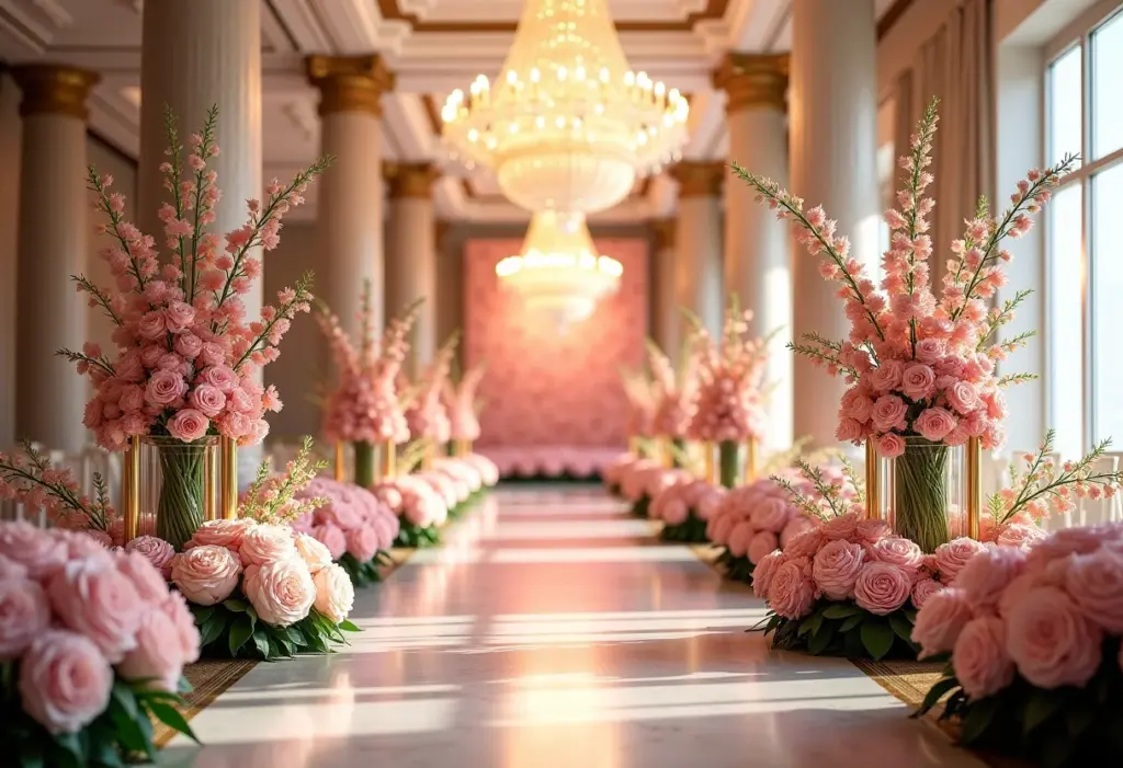 Salão de festas luxuoso com arranjos florais altos