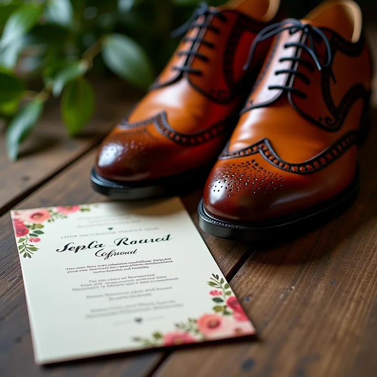 Sapatos Brogue e convite de casamento com tema floral.