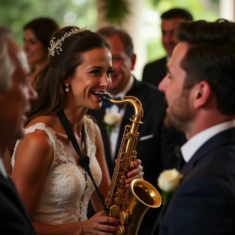 Saxofonista interage com os convidados em um casamento animado no Brasil