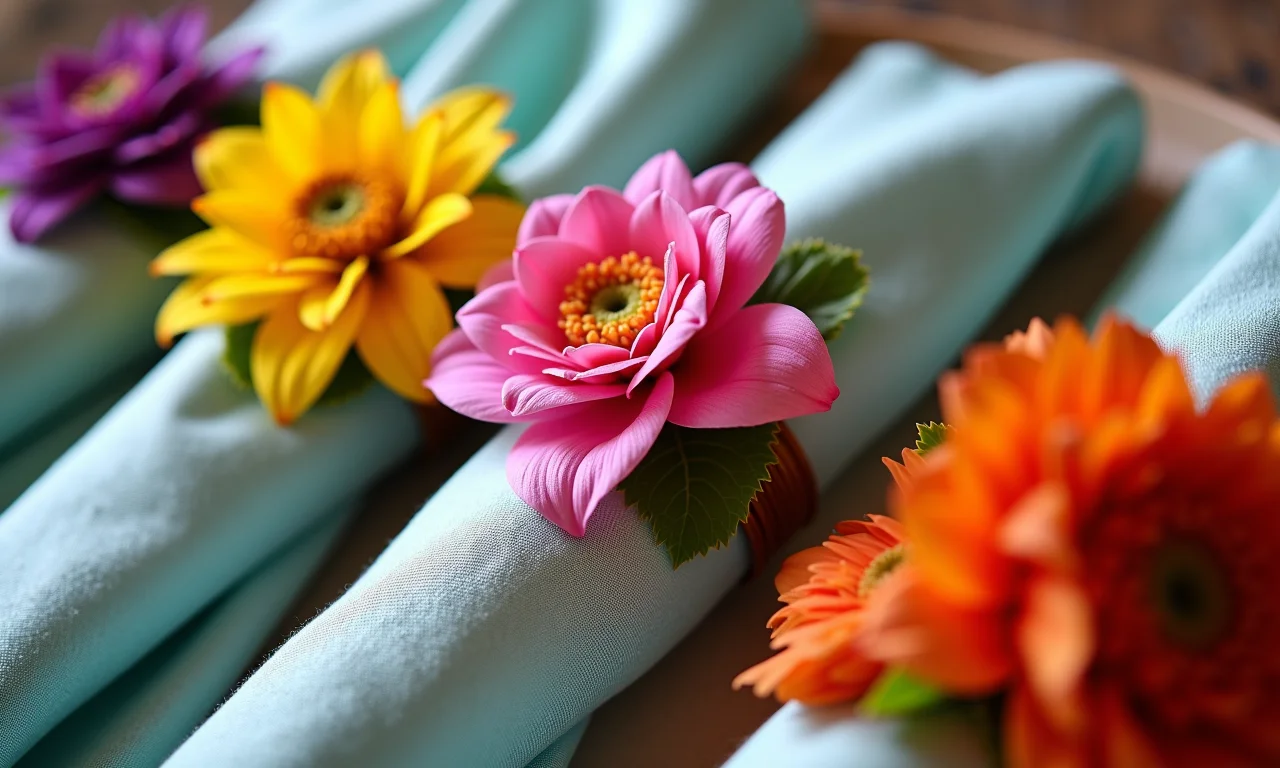 Seleção de flores coloridas para porta-guardanapos.