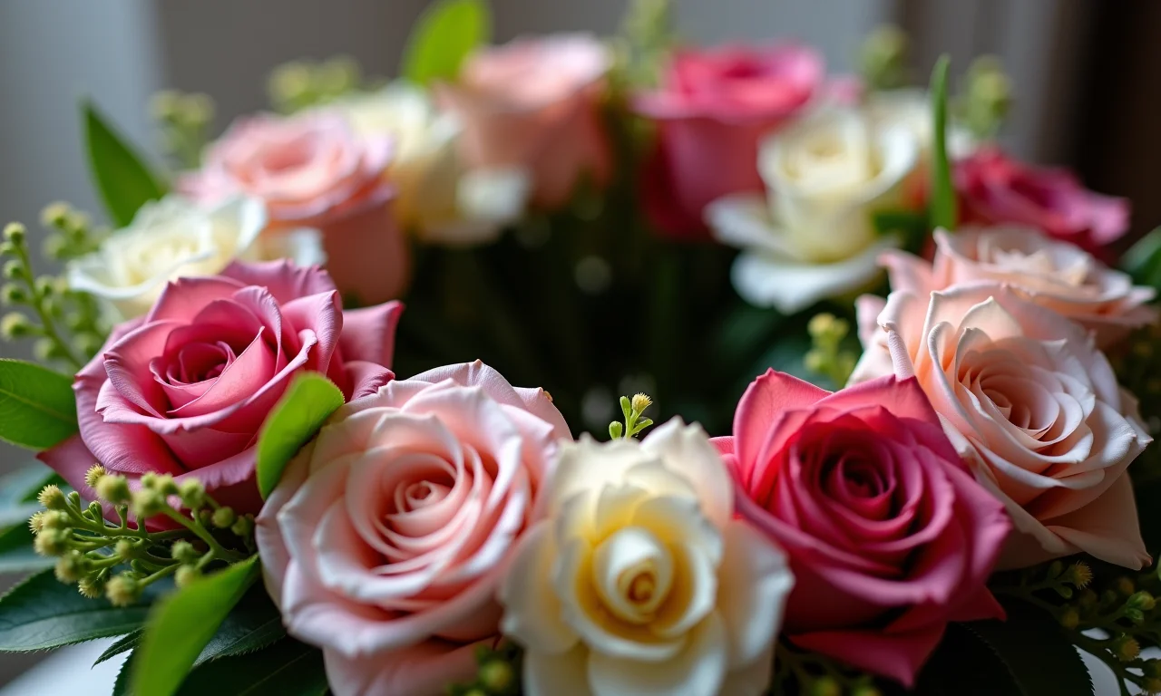 Seleção de flores e folhagens para arranjo circular.