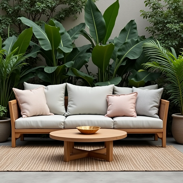 Sofá confortável ao ar livre com almofadas e mesa de centro.