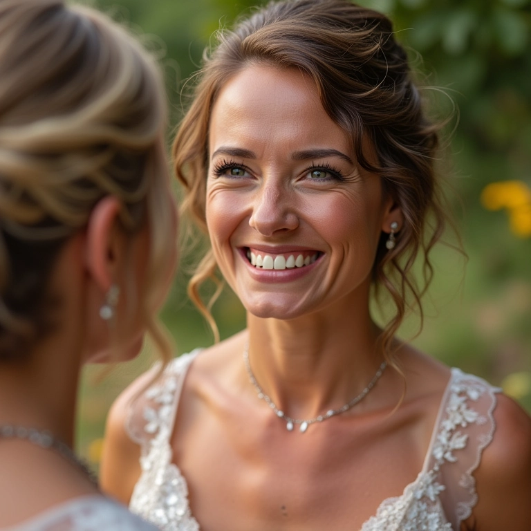 Sorriso radiante da noiva durante o first look.