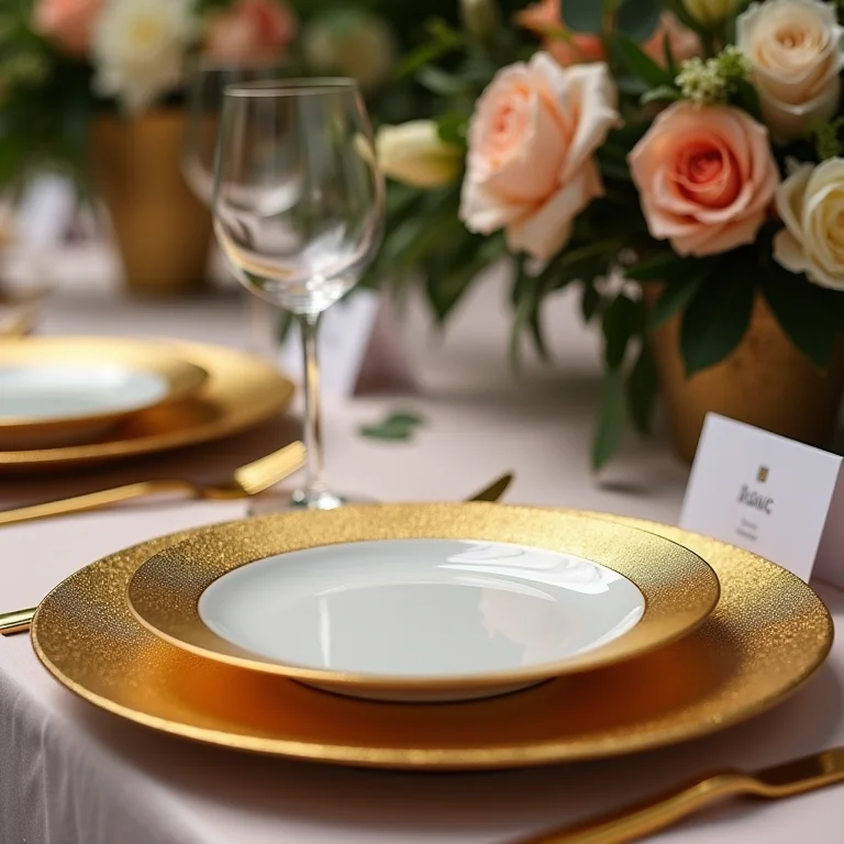 Sousplat dourado e marcadores de lugar em mesa de casamento