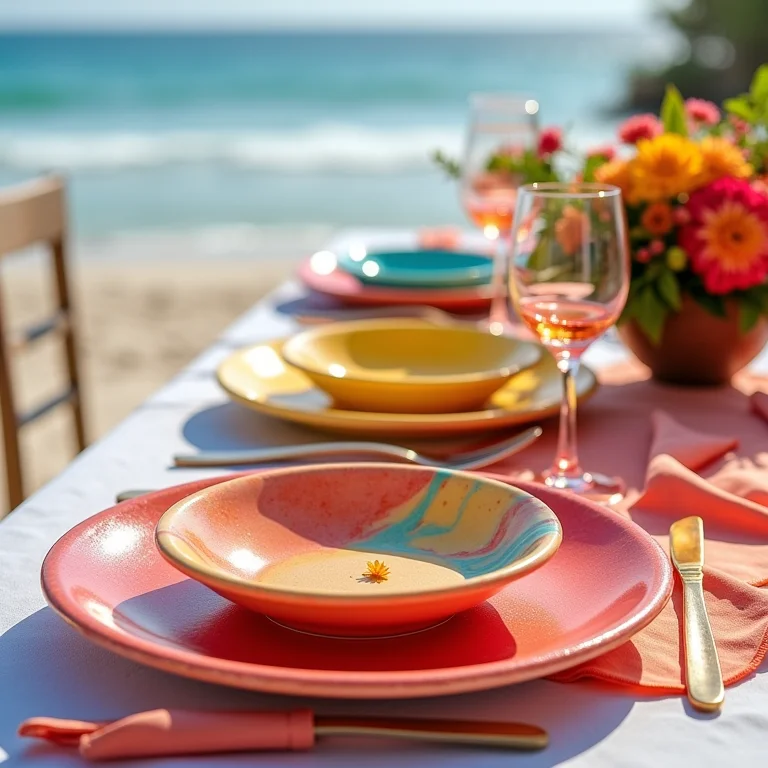 Sousplats coloridos em casamento alegre na praia
