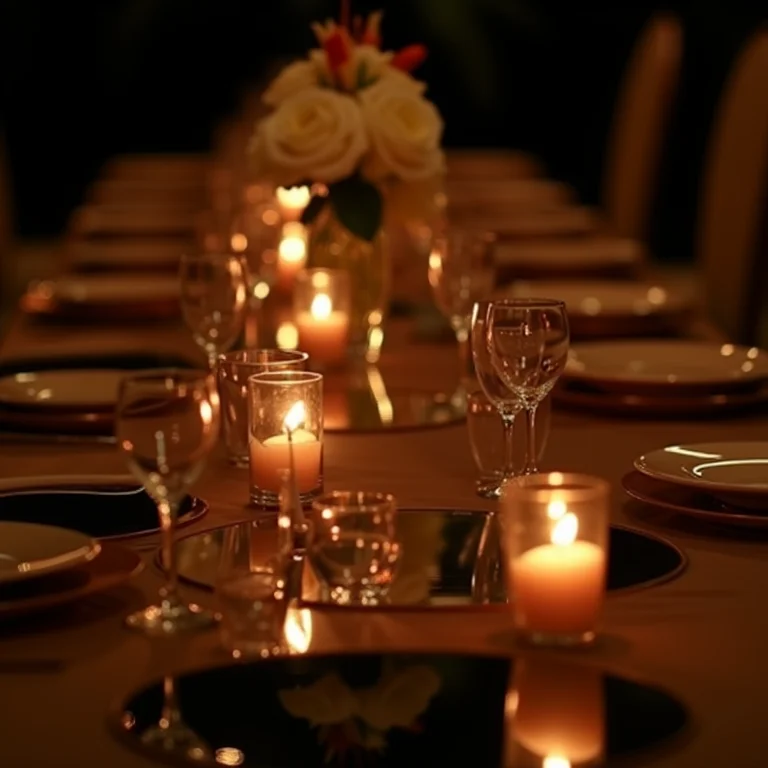Sousplats espelhados em festa de casamento noturna