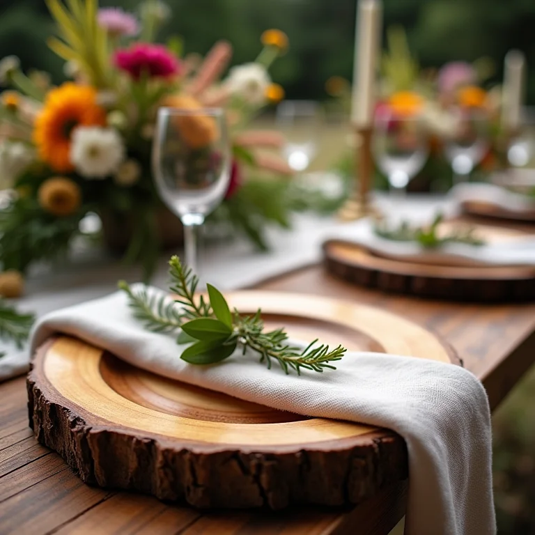 Sousplats rústicos em casamento ao ar livre